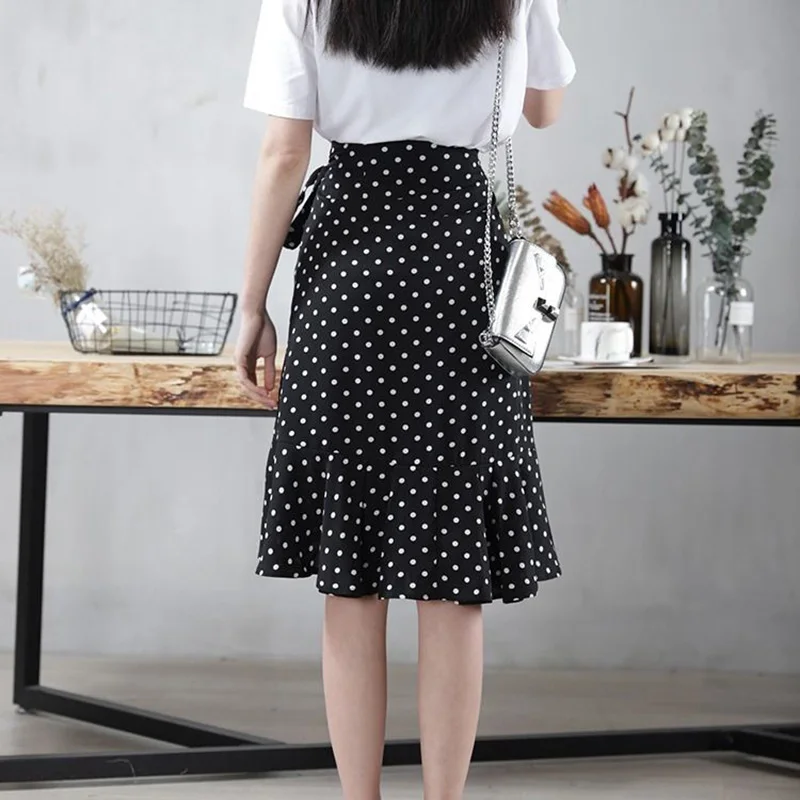 Elegant Ruffles Bandage Polka Dot Printed Mermaid Skirt 2022 Spring New Korean Fashion High Waist All-match Chiffon Midi Skirt