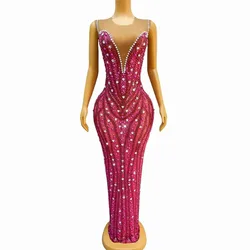 Sexy Stage Rose Rhinetones Pearls Sleeveless Dress Birthday Evening Celebrate Costume Dance Birthday Party Show Evening Dress