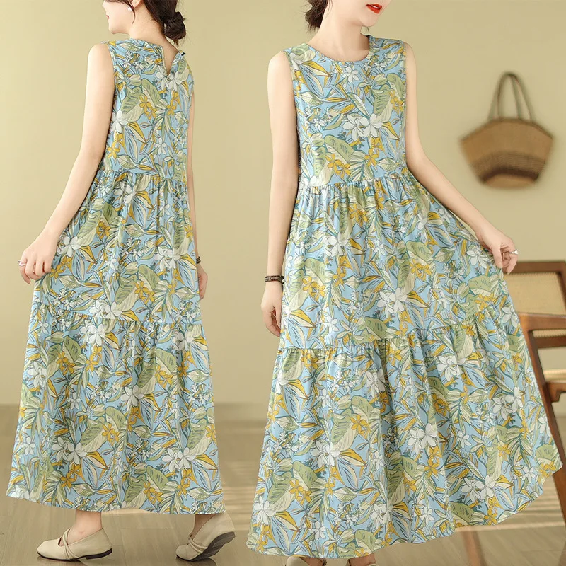 Elegante blumen druck Casual Lose Ärmellose Maxi Kleider Sommer frauen Kleid Dünne Hohe Taille Oansatz Mode Kleid Frau