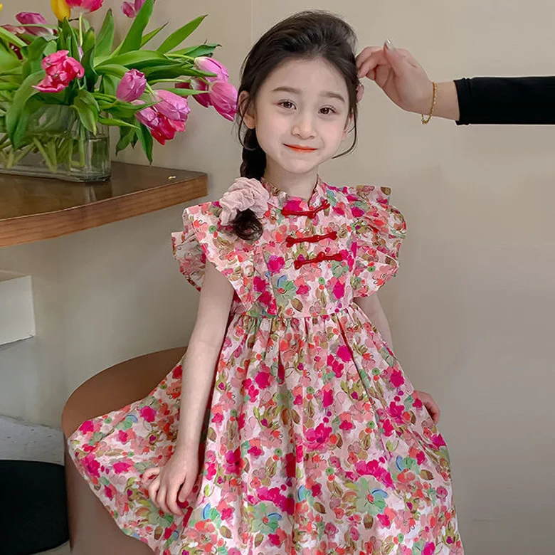 

Girls Cute Floral Princess Gown y1560 2025 New Summer Children Fashion Flower Printed Dress