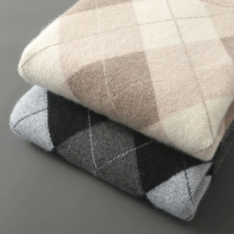 Class A 100% Pure Cashmere Sweater Men's Round Neck Pullover Sweater Autumn Winter Thick Knit Color Blocked Base Sweater Menswea