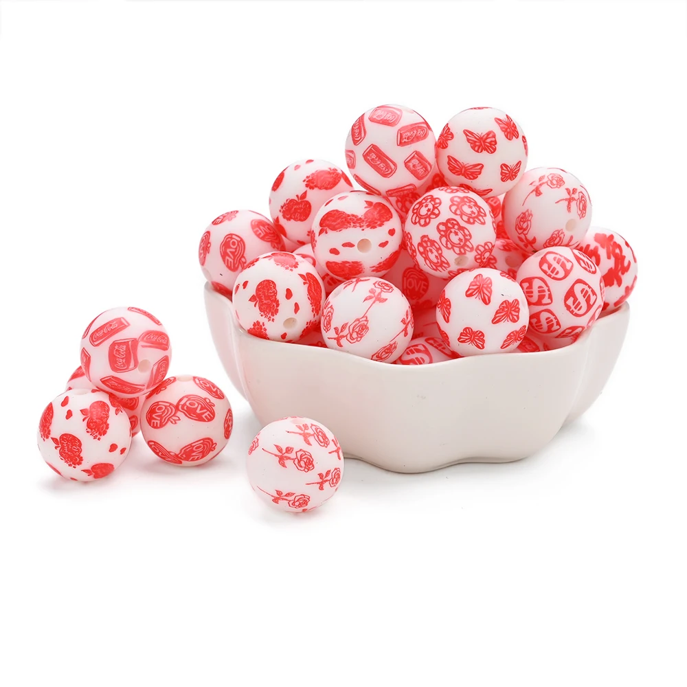 

10Pcs Silicone Teether Chew Beads 15mm Print Pattern Round Beads For Baby Pacifier Chain Bracelet DIY Jewelry Making