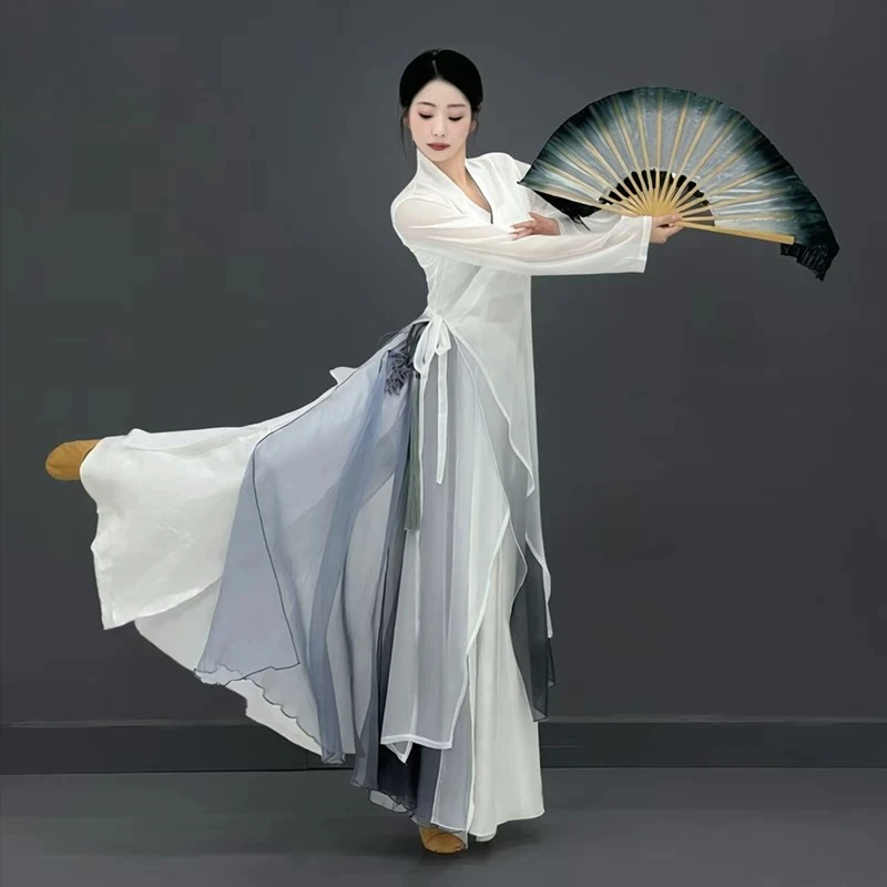 

Ancient Style Classical Dance Outfit Flowy Big Swing Skirt Sheer Top Women Chinese Dance Training Stage Costume