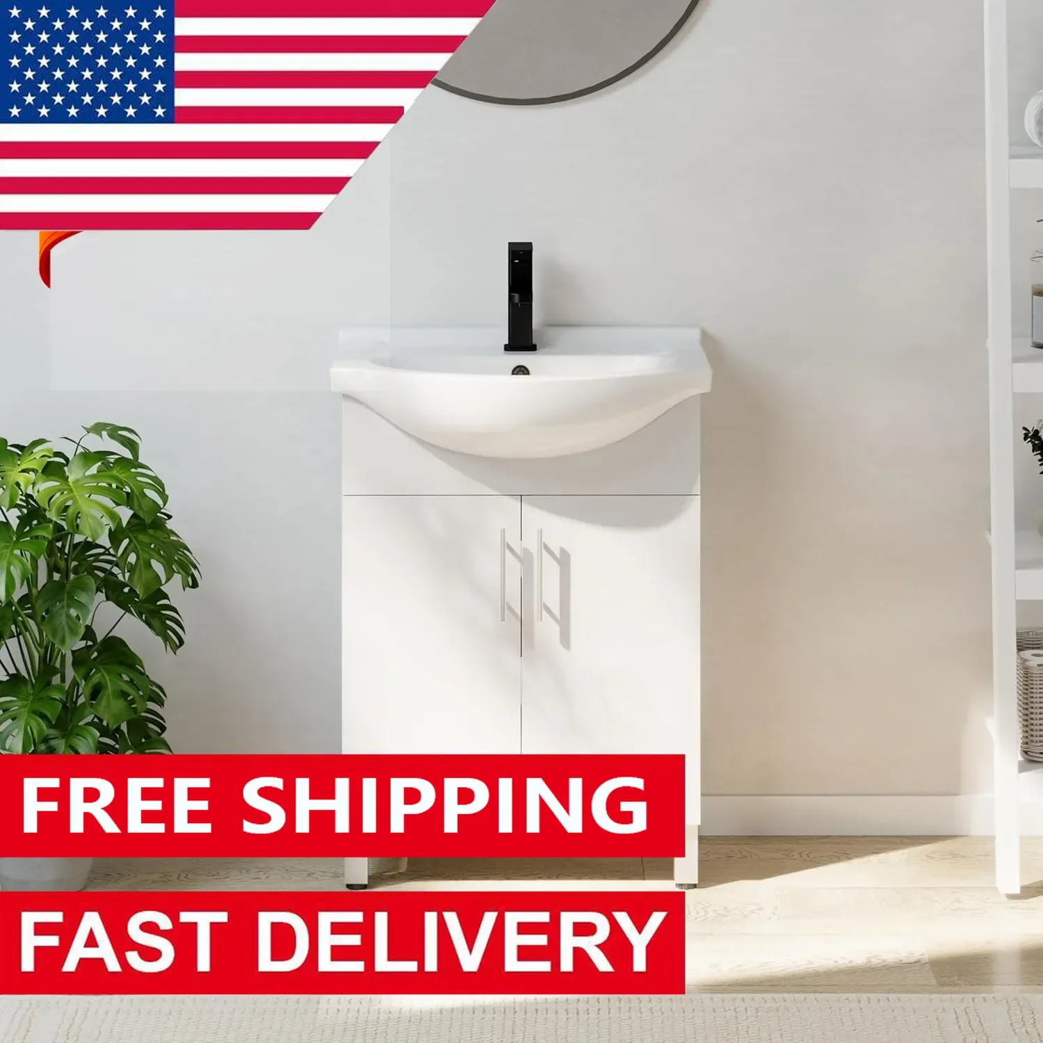 

24" Bathroom Vanities with Belly Bowl Ceramic Sink Combo Set, Traditional Bathroom Storage Cabinet with Integrated Sink, Faucet