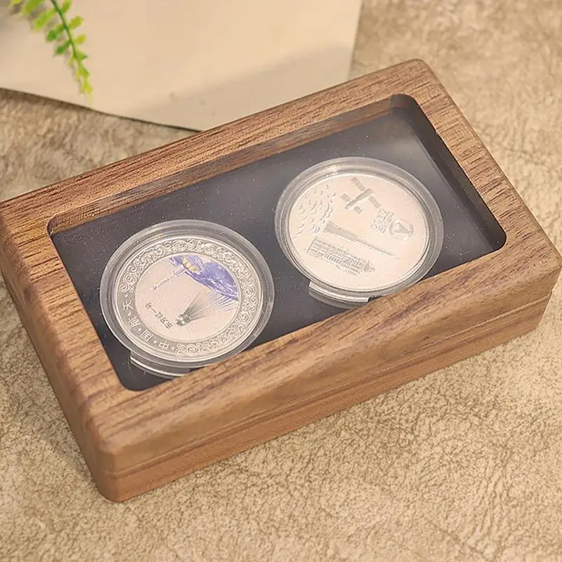Coin Box Wooden Commemorative Coin Holder Black Walnut Souvenir Emblem Organizer For Displaying Collectible Badge Case