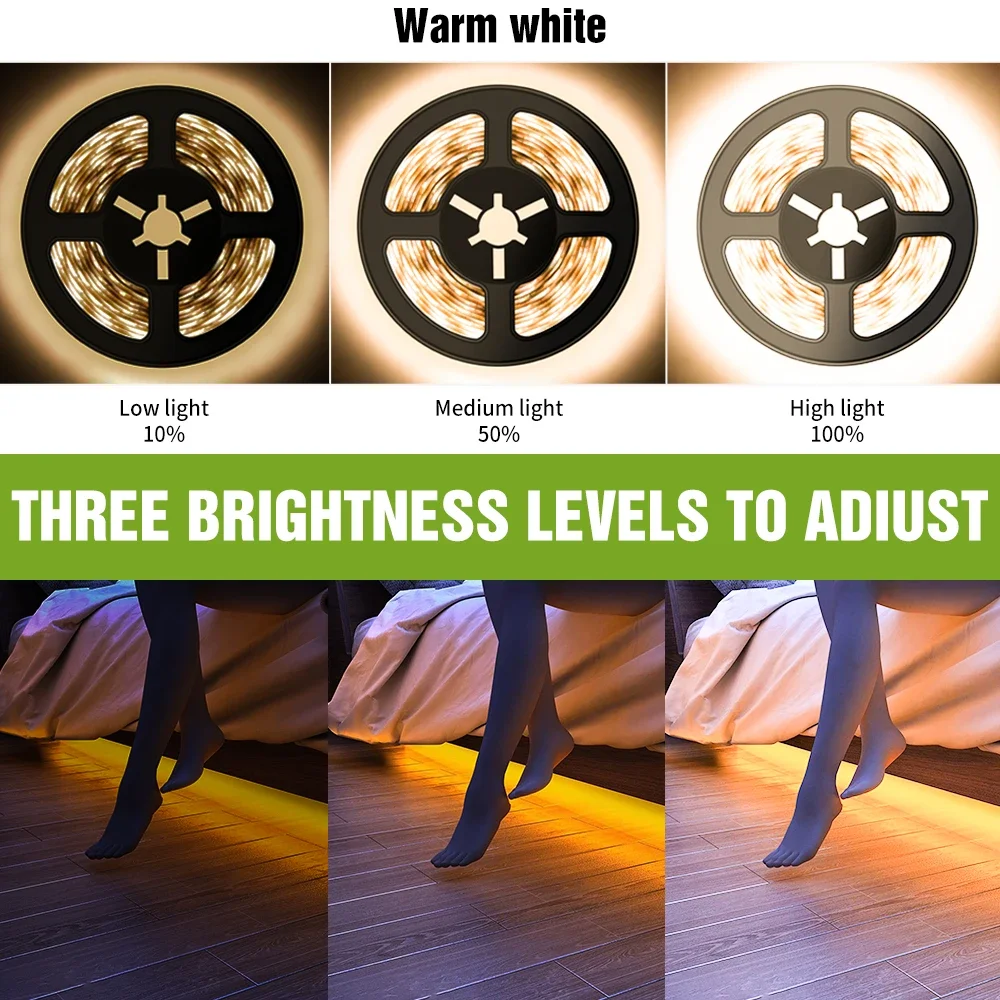 3M Smart PIR Motion Sensor LED Light 5v USB/Battery Power LED Strip Dimmable Cabinet Bedside Lamp Stairs Night Security Light