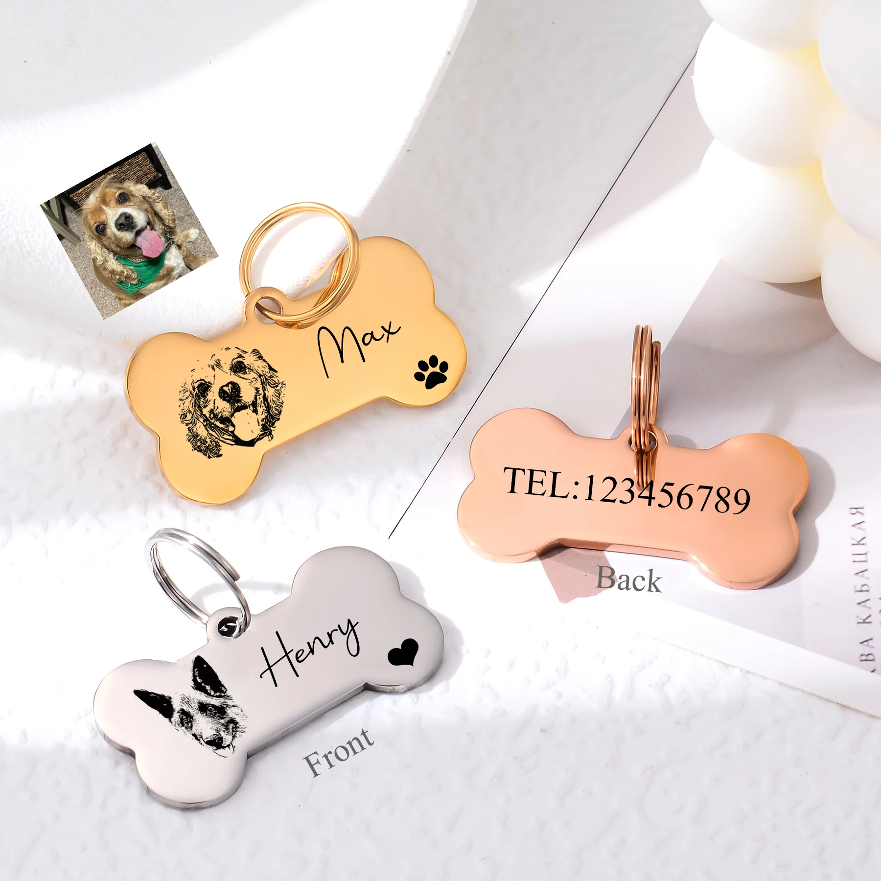Custom Bone Dog Keychain Engraved Pet Portrait Name Telephone Tag Stainless Steel Jewelry Anti-Lost Cat/Dog Collar Pendant Gift