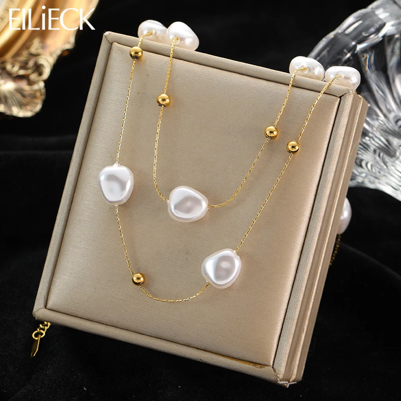 EILIECK 316L Stainless Steel Double Layer Irregular Pearl 2in1 Chains Necklace For Women Fashion Girls Clavicle Chain Jewelry