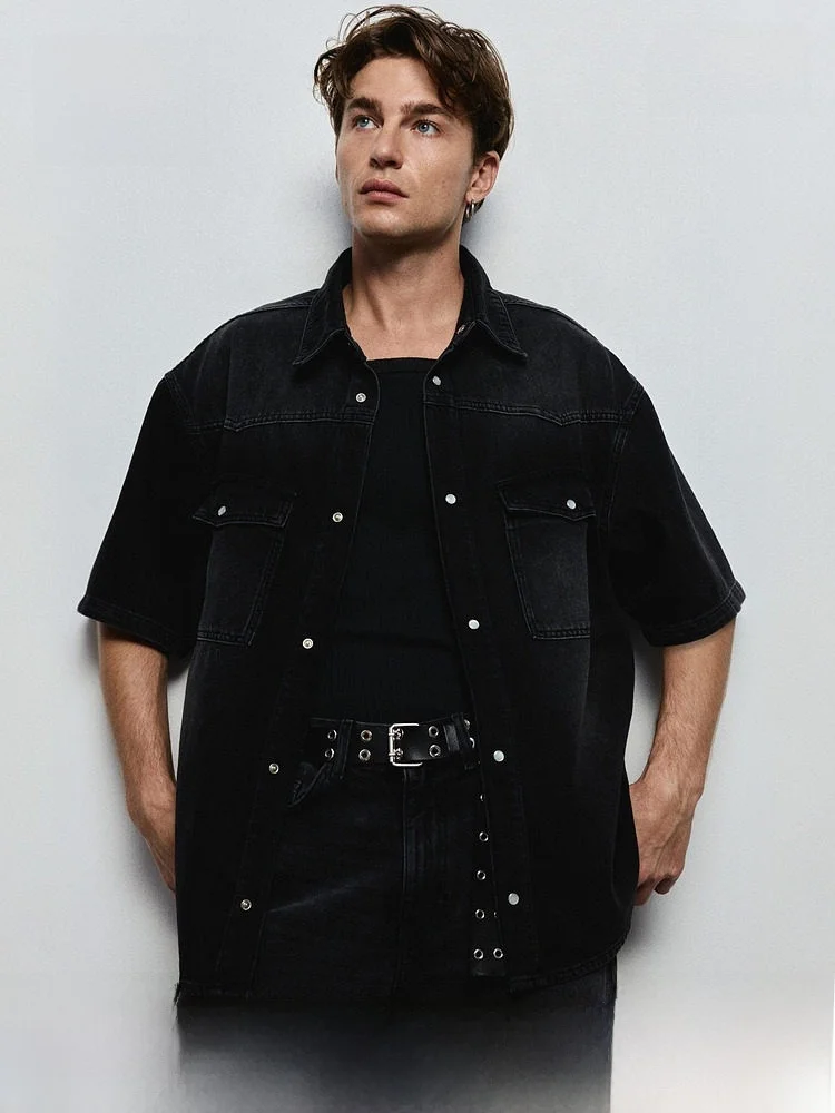 

H&M Men's Fashion Casual Versatile Loose Fit Short Sleeve Denim Shirt 1297294 Spring Summer Cotton 100% Clothing