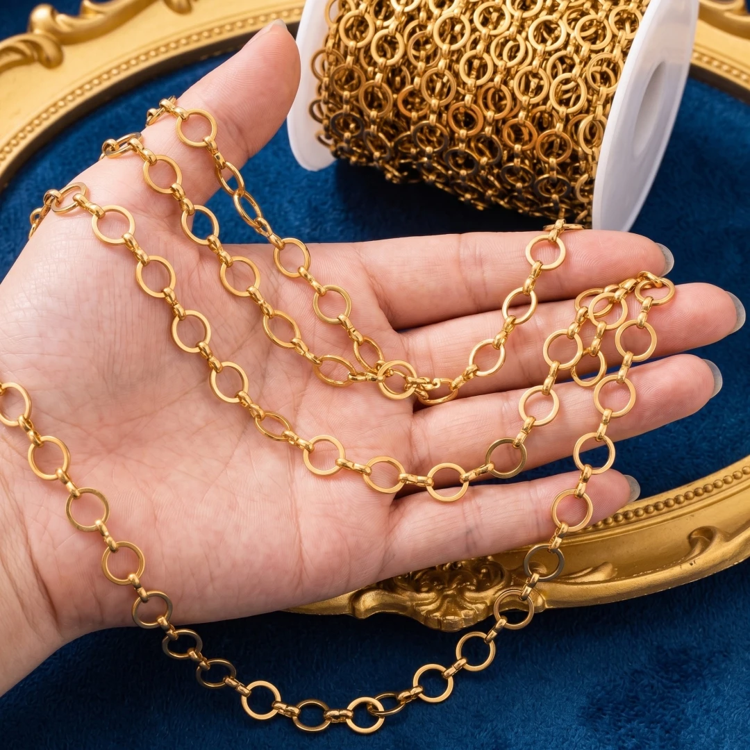 1 Meter Gold Stainless Steel 8-10mm Circle Link Heavy Chunky Punk Necklace Chain For DIY Necklace Bracelet Jewelry Making Supply