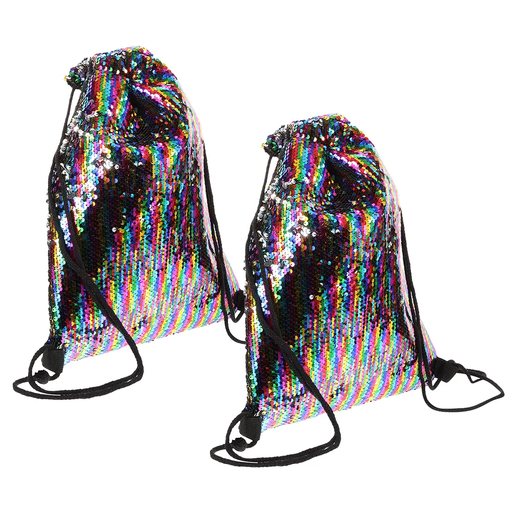 2 Pcs Mermaid Sequin Backpack Drawstring Gym Bag Mesh for Girls Birthday Woman Sackpack Men Reversible Sports