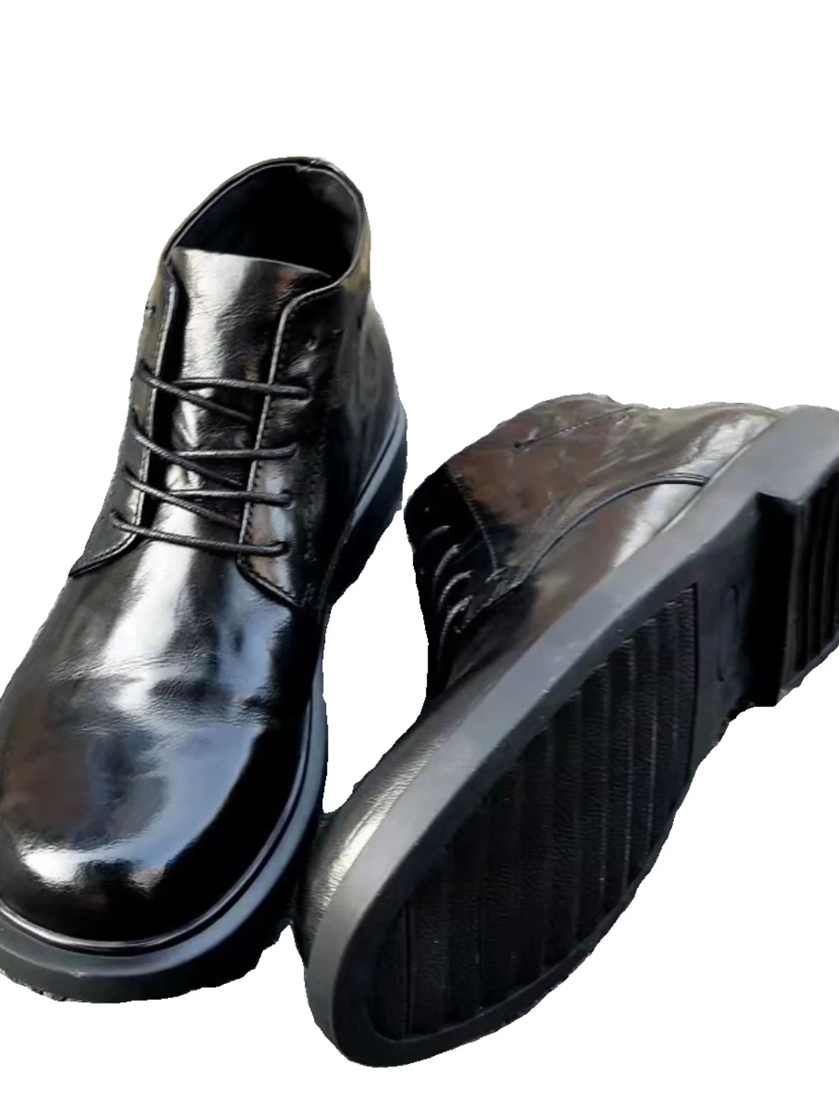 

Men's Casual Faionable round Toe Mid-Calf Genuine Leather Boots Bla Flat Bot Trendy Boots Warm Lace-Up Rubber Sole