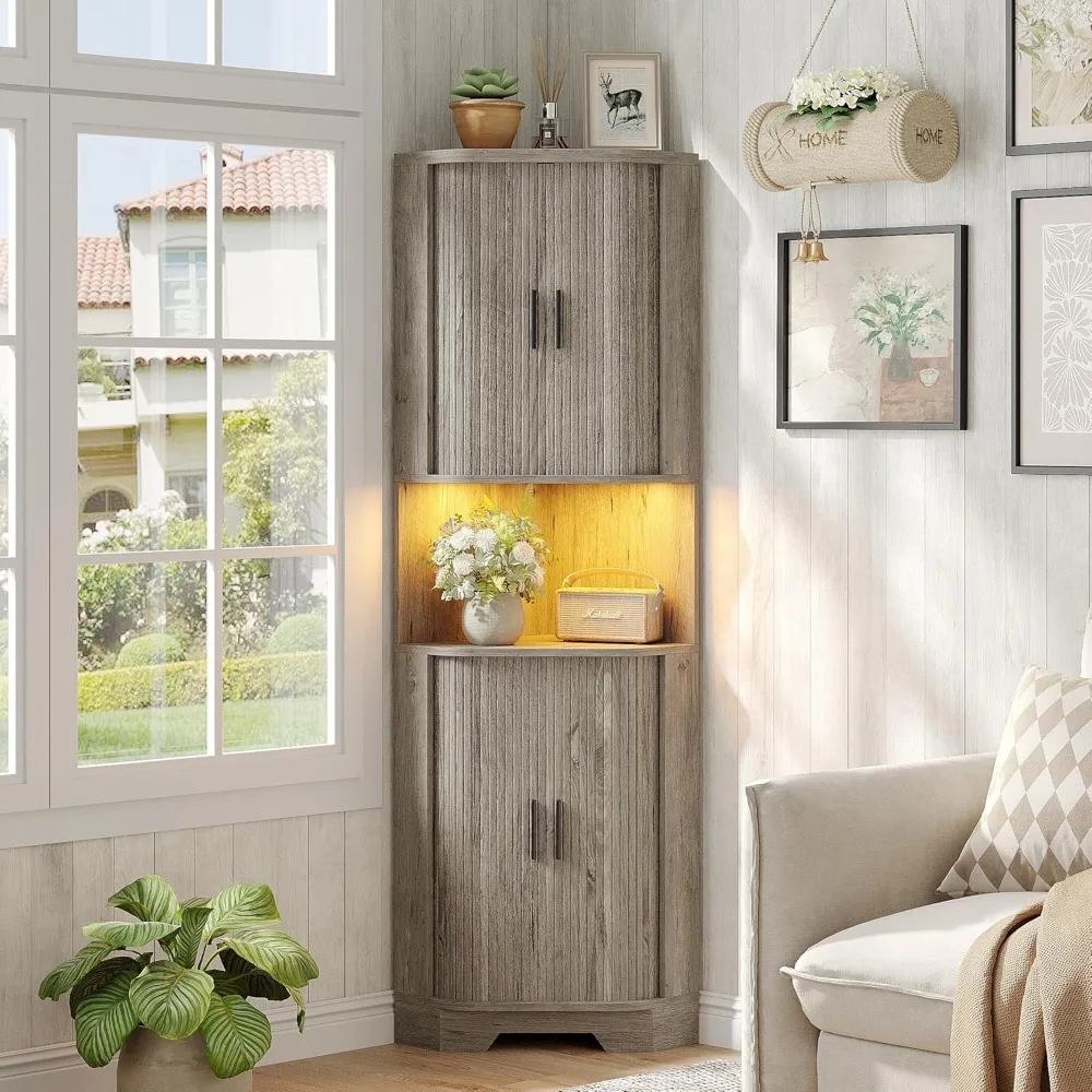 Gabinete esquinero de granja de 65" de alto con puertas corredizas de pandereta y 5 estantes, gabinete de almacenamiento de exhibición de pie con luz LED RGB