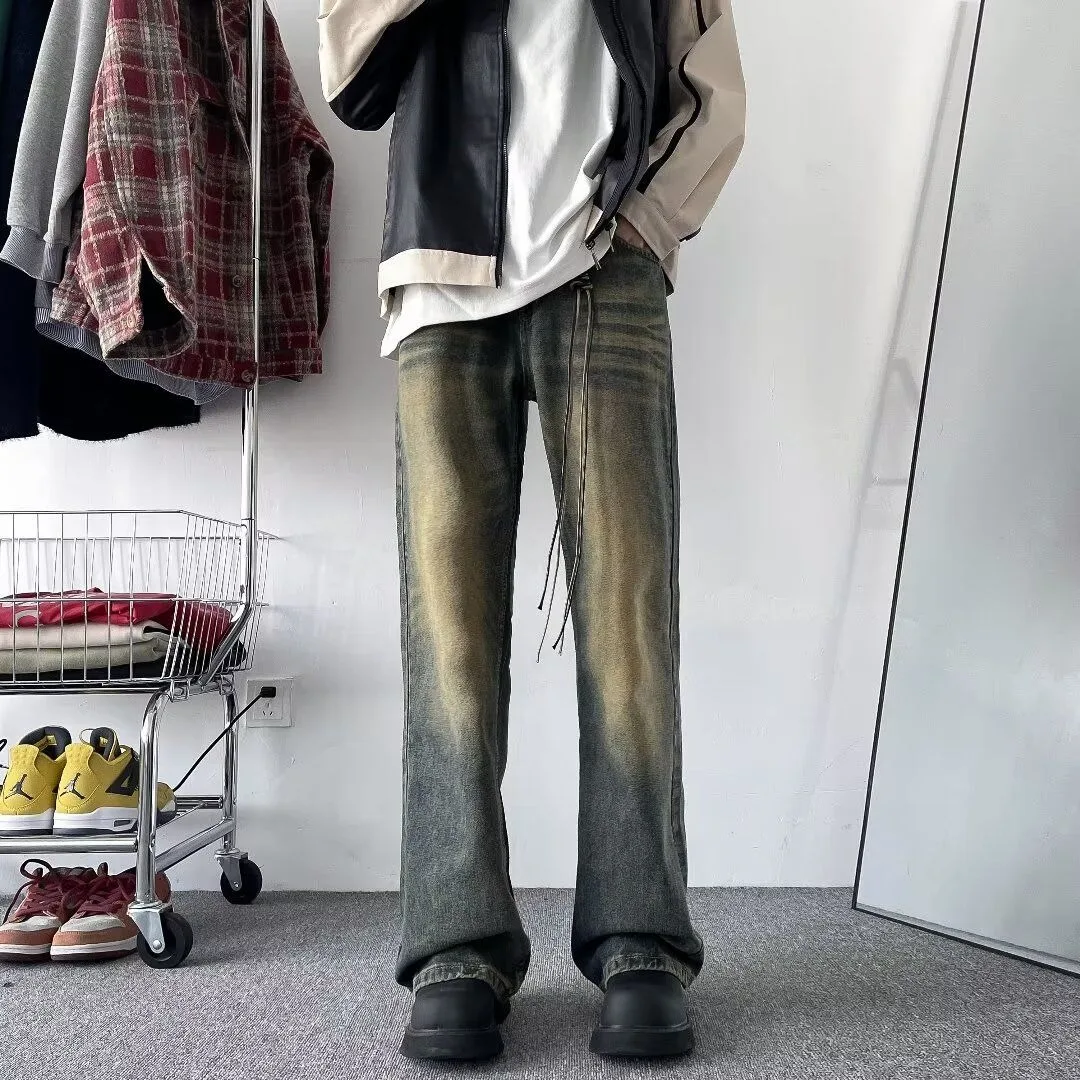 

Summer Men's Loose Straight Leg Vintage Washed Bell Bottoms Jeans Retro Style Casual Cotton Trousers mid Waist Zipper Fly
