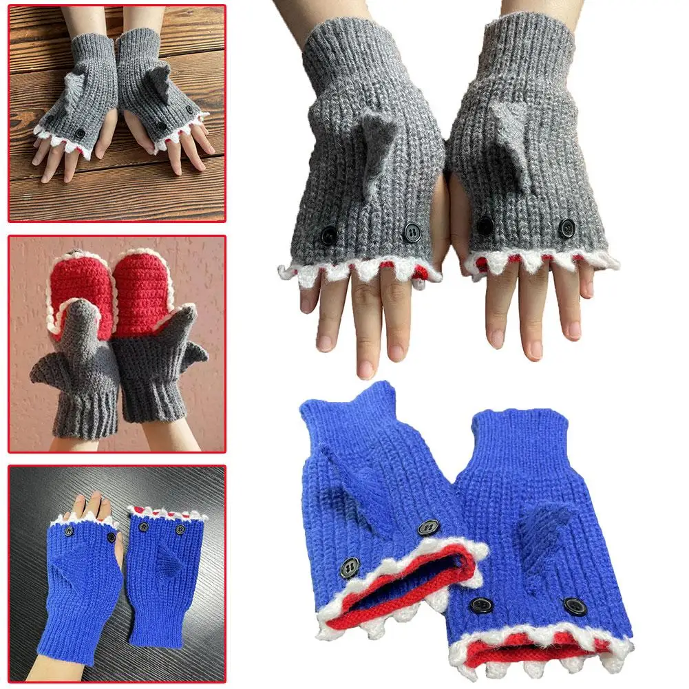 Winter Cartoon Hai beißen Hand handschuhe warm häkeln gestrickt Voll-/Halb finger Hai Fäustlinge finger lose Handschuhe für Weihnachten i9f2