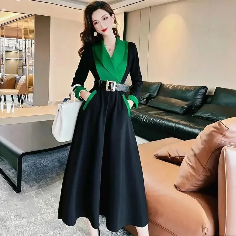 

High End Atmospheric Goddess Style Temperament Dress New Autumn Women Mid Length Color Contrast Stitching Large Swing Skirt N647