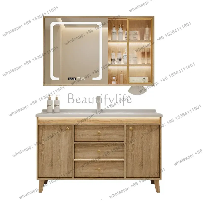 Floor-to-ceiling log color bathroom cabinet combination ceramic integrated face wash basin cabinet