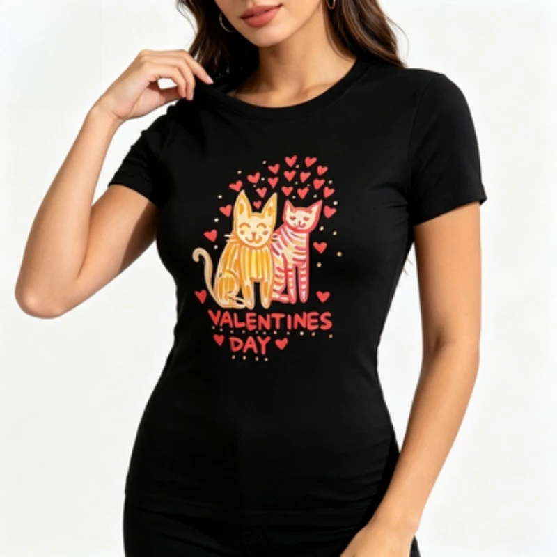 Women Slim‑fit Round Neck Short‑sleeve T‑Shirt Hand‑drawn Couple Cats Hearts Valentine's Day Cute Holiday Graphic Female Tops