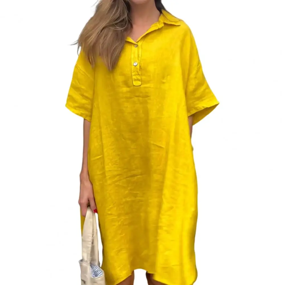 Vestido feminino na altura do joelho com gola virada para baixo, vestido irregular, gola de camisa, elegante, moda verão