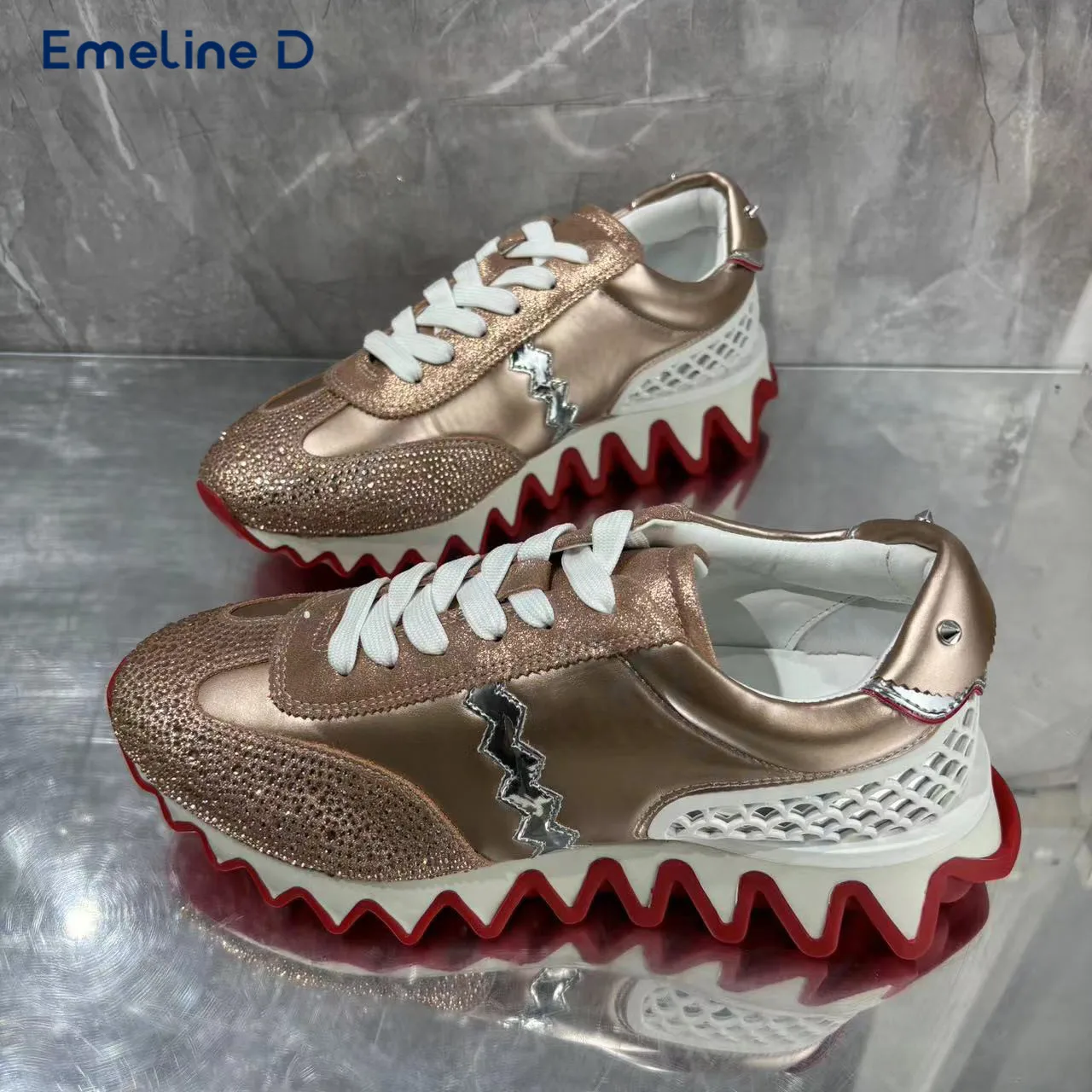 

Rhinestone Leather Stitching Sneakers Hollow Mesh Studded Slip-On Lace-Up Casual Shoes Large Size Unisex Comfortable Shoes