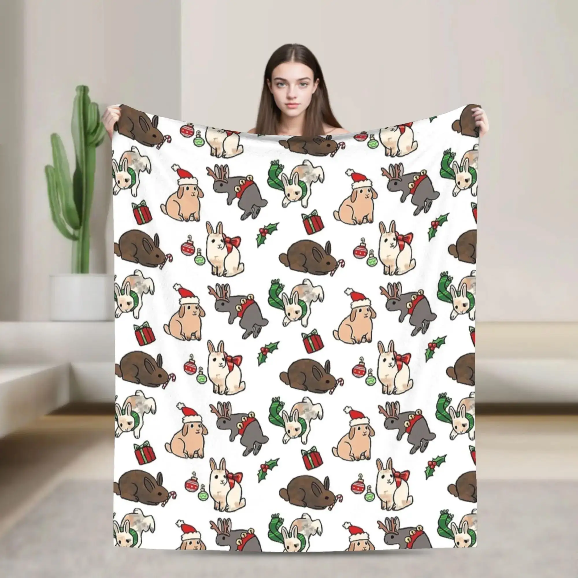 Cobertor com estampa de coelhos de Natal, macio e quente, para sofá, cama, inverno, decoração de casa, presente para crianças, unissex