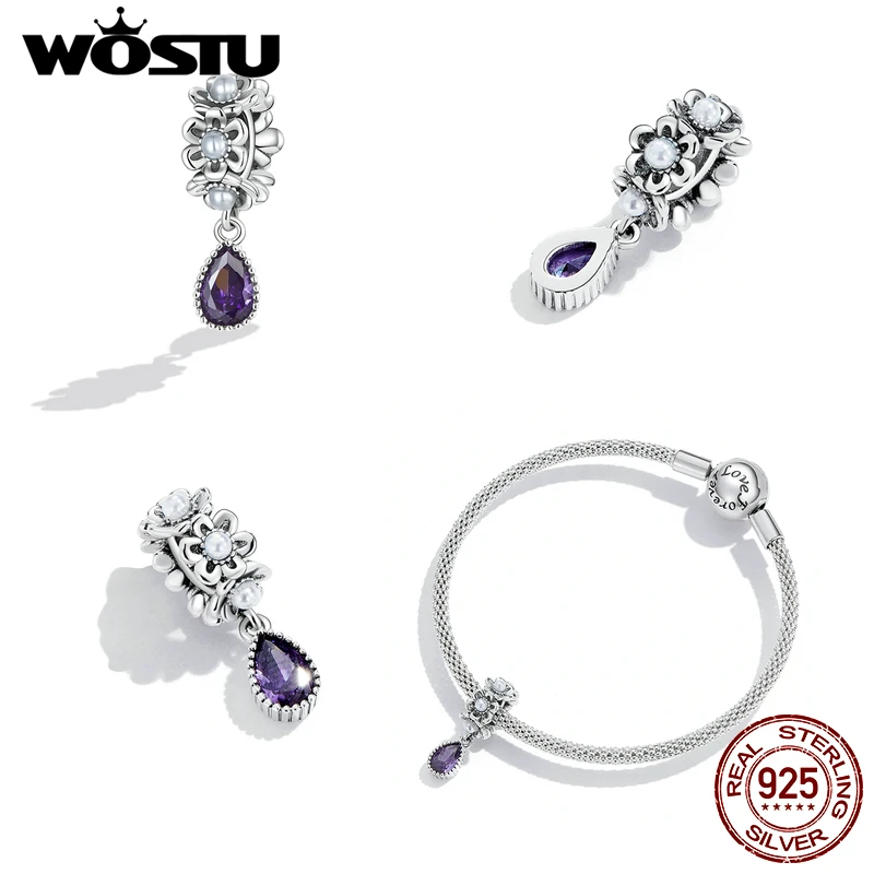 WOSTU-Dreamy Purple Charms Coração para Mulheres, 925 Sterling Silver, Cadeia de Segurança, Espaço Jóias, Beads, Fits Original Pulseira, Pulseira DIY