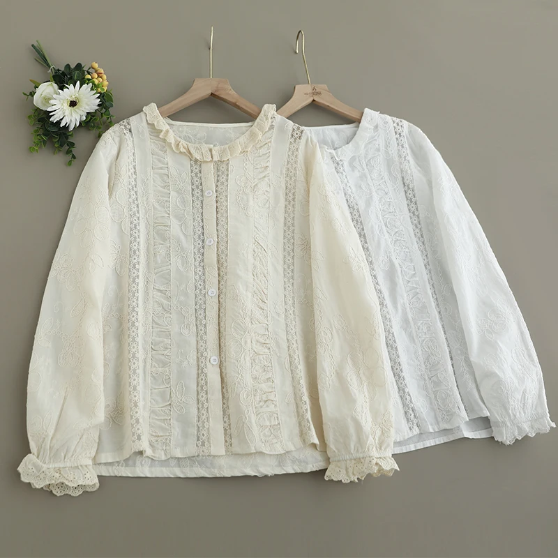 

Summer New Japanese Sweet Mori Girl Embroidery 100% Cotton Shirts Women Solid Color O-Neck Long Sleeve Casual Loose Blouse Tops