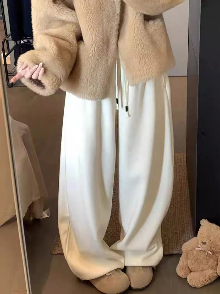 Winter Fleece Wijde Pijpen Broek Vrouwen Y2K Hoge Taille Trekkoord Alle Match Joggingbroek Vrouwelijke Losse Streetwear Rechte Broek