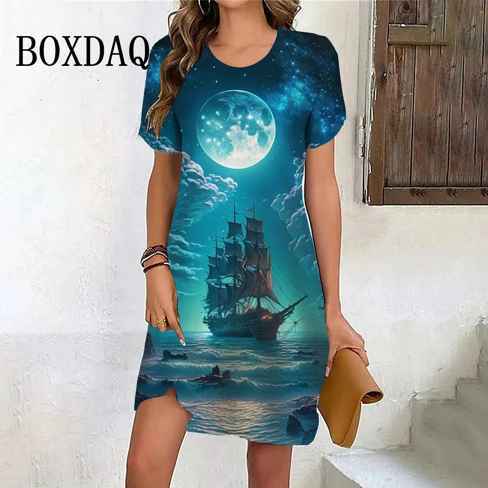 2024 Vintage 3D Ship Pattern Dress Women Beach Party Dress New Summer Scenery Casual Holidays Loose Mini Dress Oversized Clothes