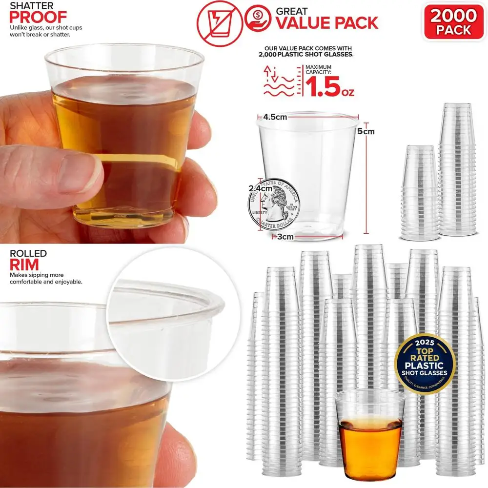 

2000 Pack Clear Plastic Shot Glasses - Disposable Mini Cups for Jello Shots, Food Tasting, and Party Dips
