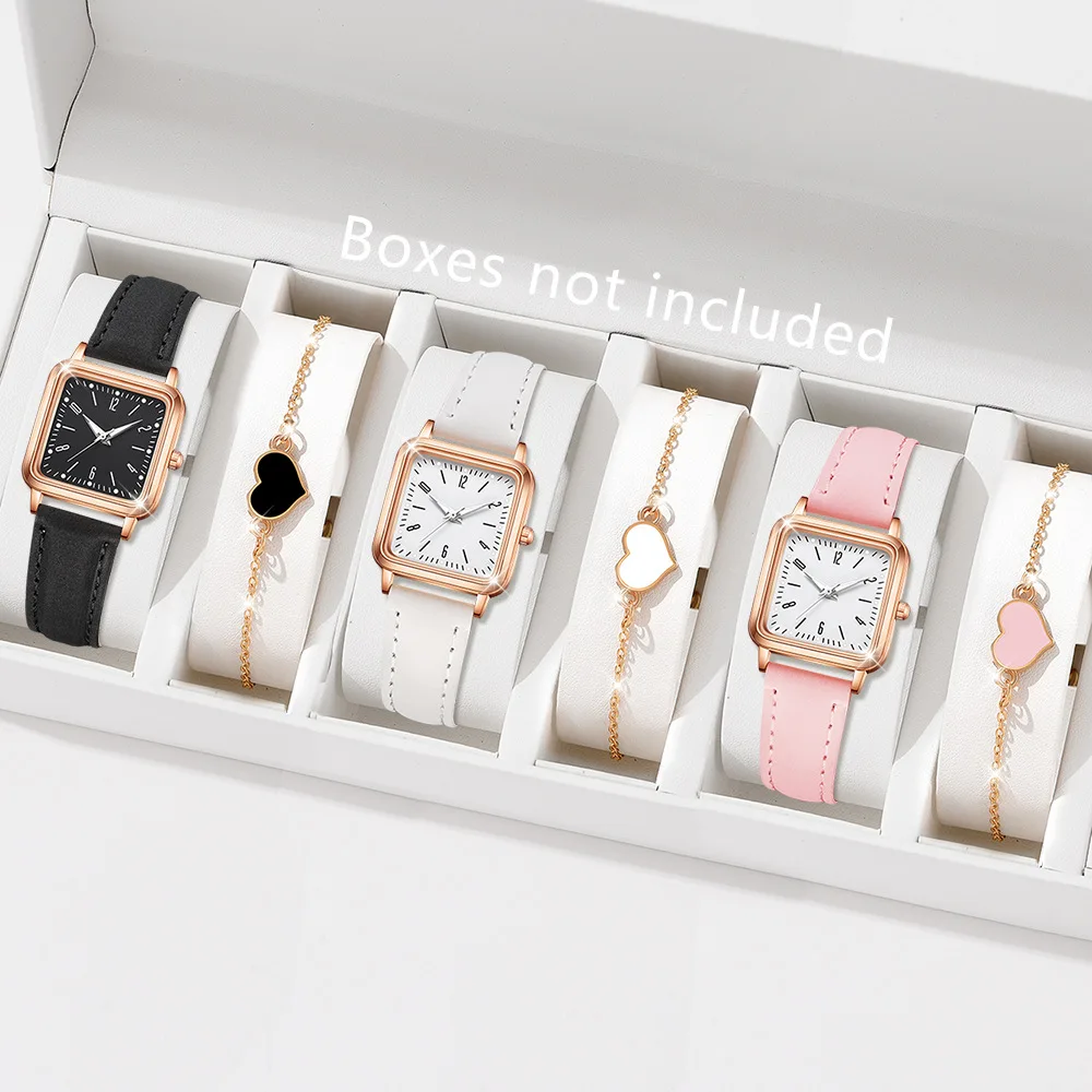

Женские модные часы-браслет из 2/6 шт., кожаные кварцевые наручные часы с простым квадратным циферблатом и набором браслетов Love Часы Женские