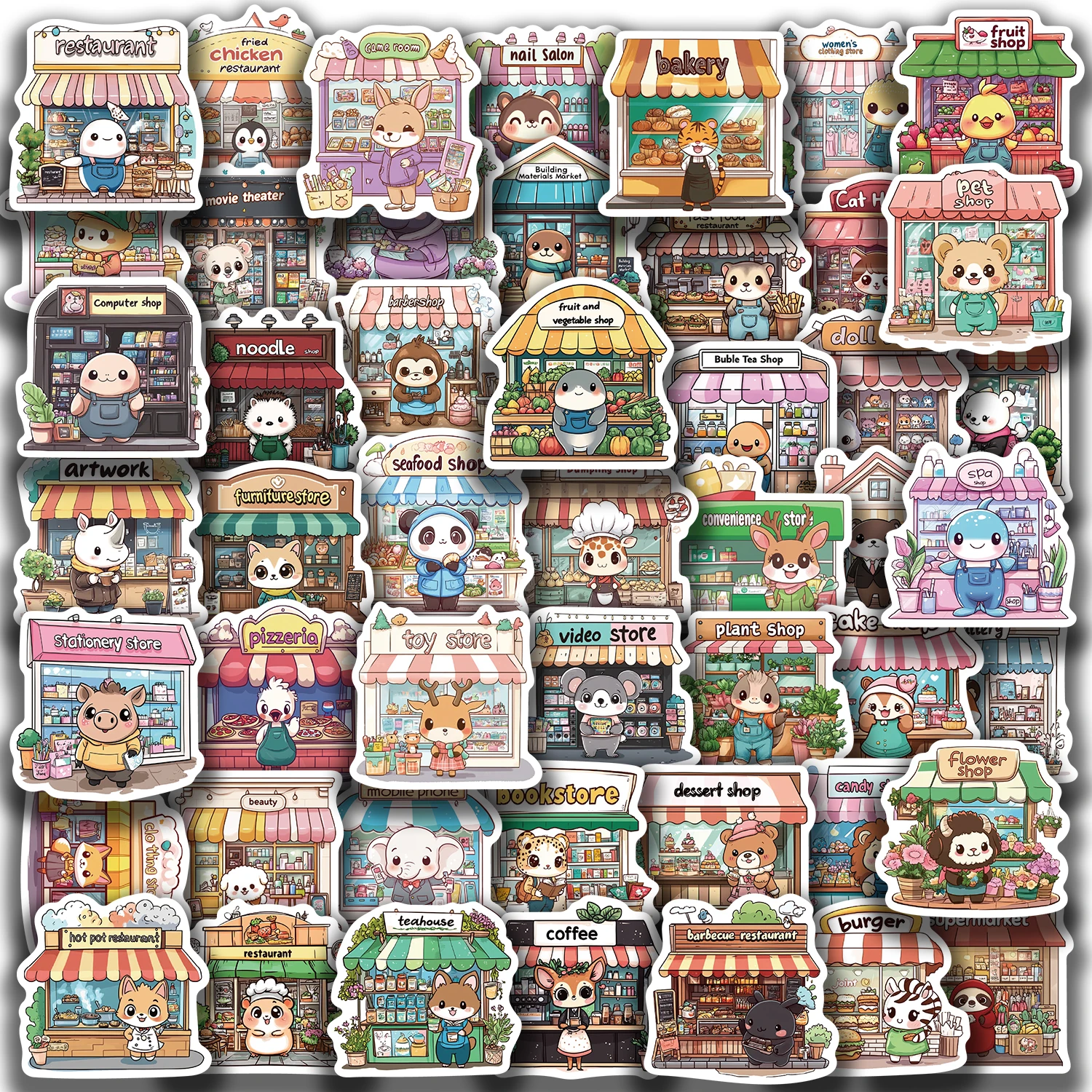 50Pcs Interesting Storefronts and Animals Stickers Waterproof Monkey Panda Rhino PVC Decals for Laptop Notebook Phone Case