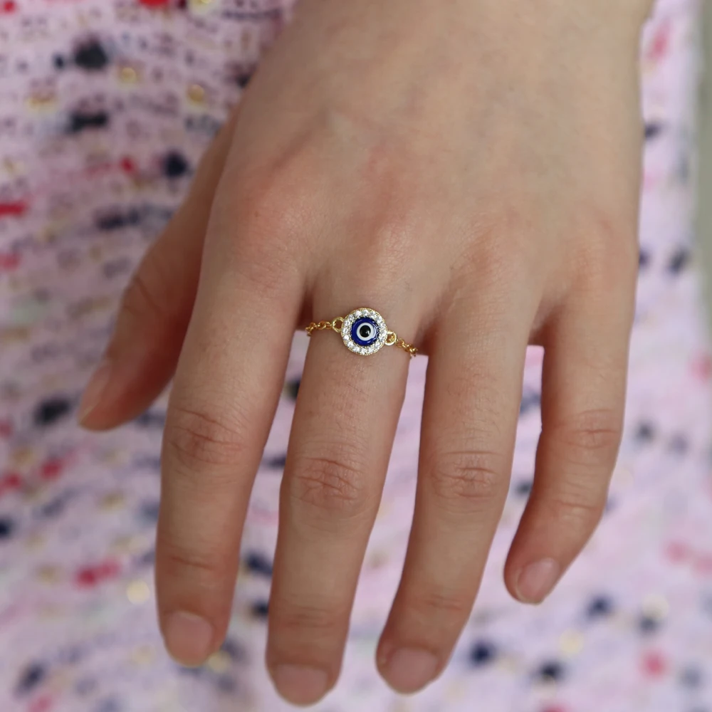 Round disco bluel enamel turkish evil eye charm chain ring cheap wholesale fashion finger rings
