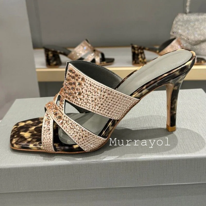 Luxurious Rhinestone Decor Thin High Heels Slippers Women Square Toe One Strap Sandals Summer Dress Shoes Pumps Wedding shoes