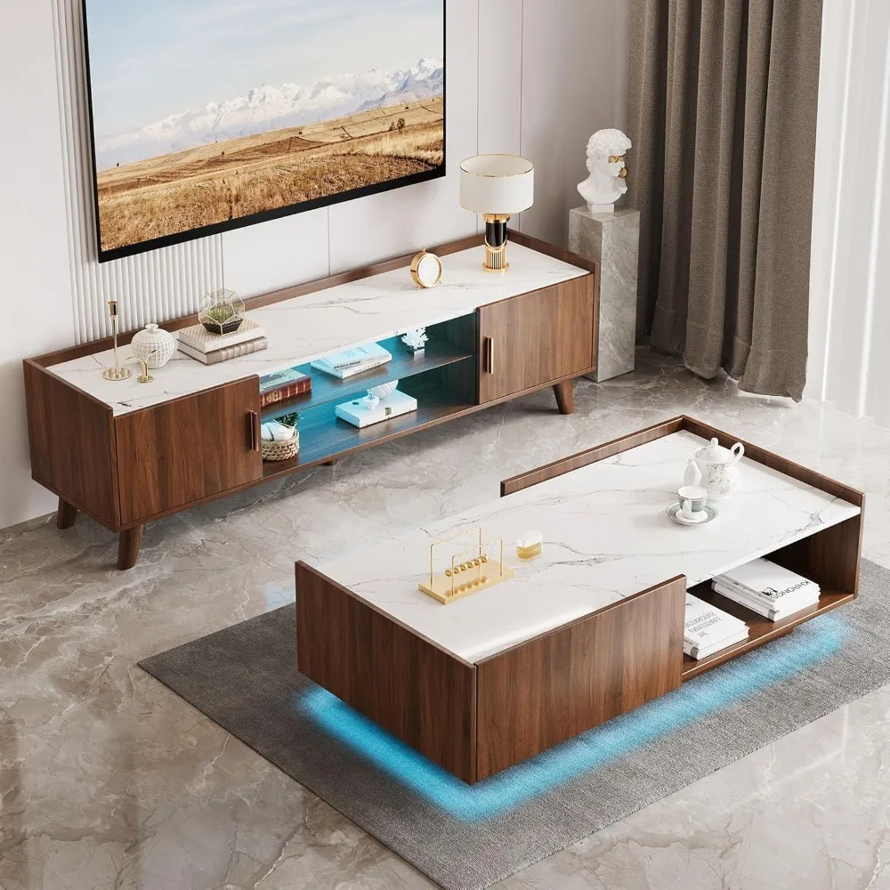 

Modern Coffee Table & 65" TV Stand Set of 2, LED Entertainment Center with Power Outlets/Hidden Storage