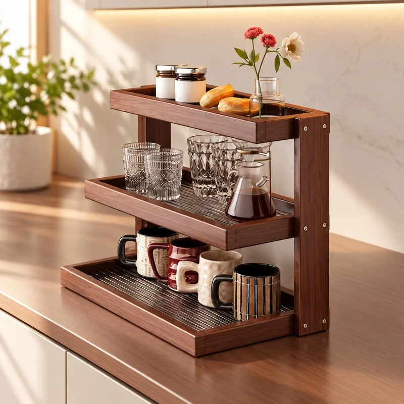 Three-Tier Wooden Coffee Mug Holder, Multipurpose Desktop Organizer Rack for Kitchen & Cosmetics