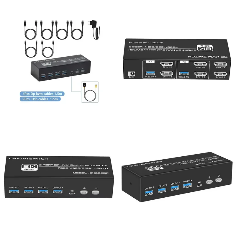 8K202DP Fjgear Customized Display Port 7680*4320/60Hz 8K Dual-Screen Switch 2 Port Hd /Usb Dp Kvm Switch
