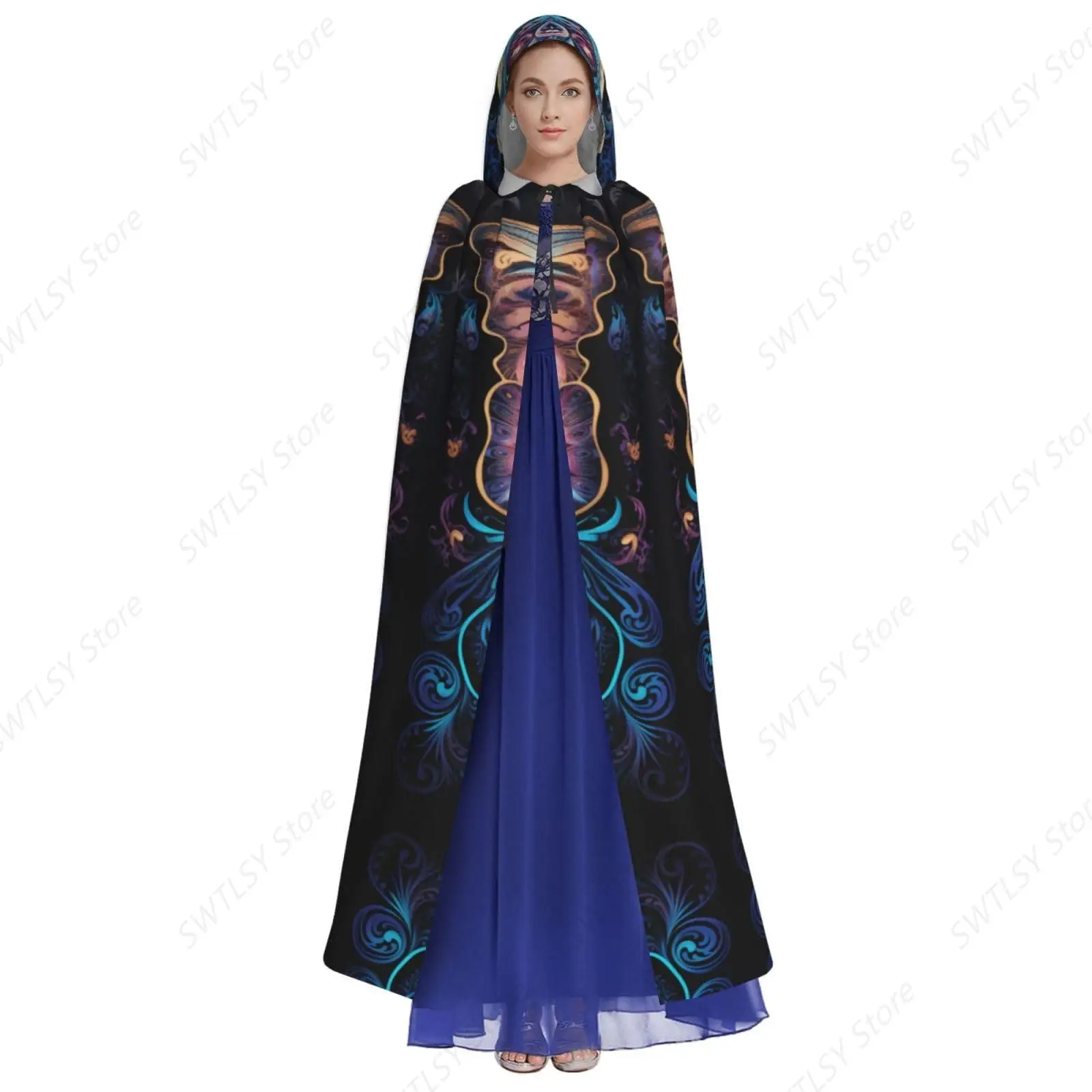 Universal Gorgeous Black Butterfly printed adult hooded cape for Halloween, role-playing, wizard, witch, magician costume