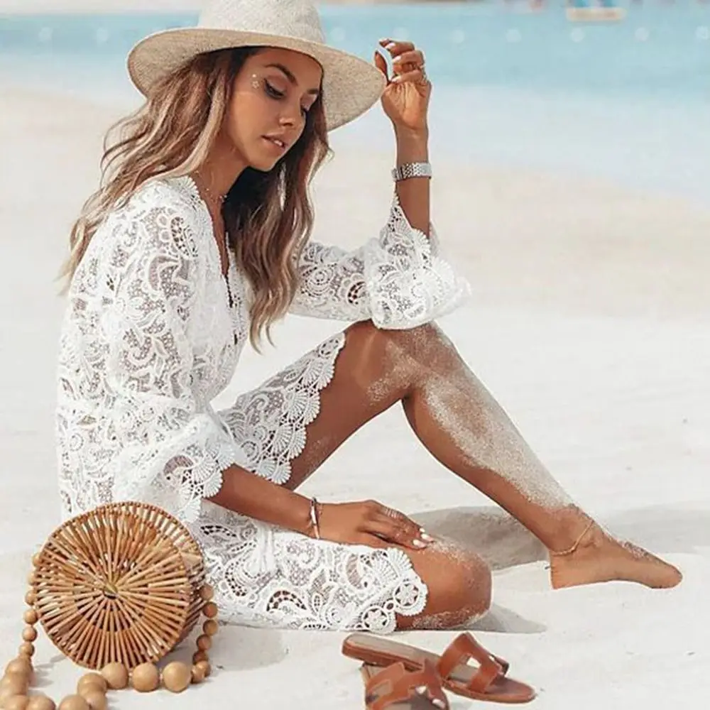 

New Polyester Bikini Cover Up White Black Floral Swimwear Dress Lace Fashion Beach Skirt Beach