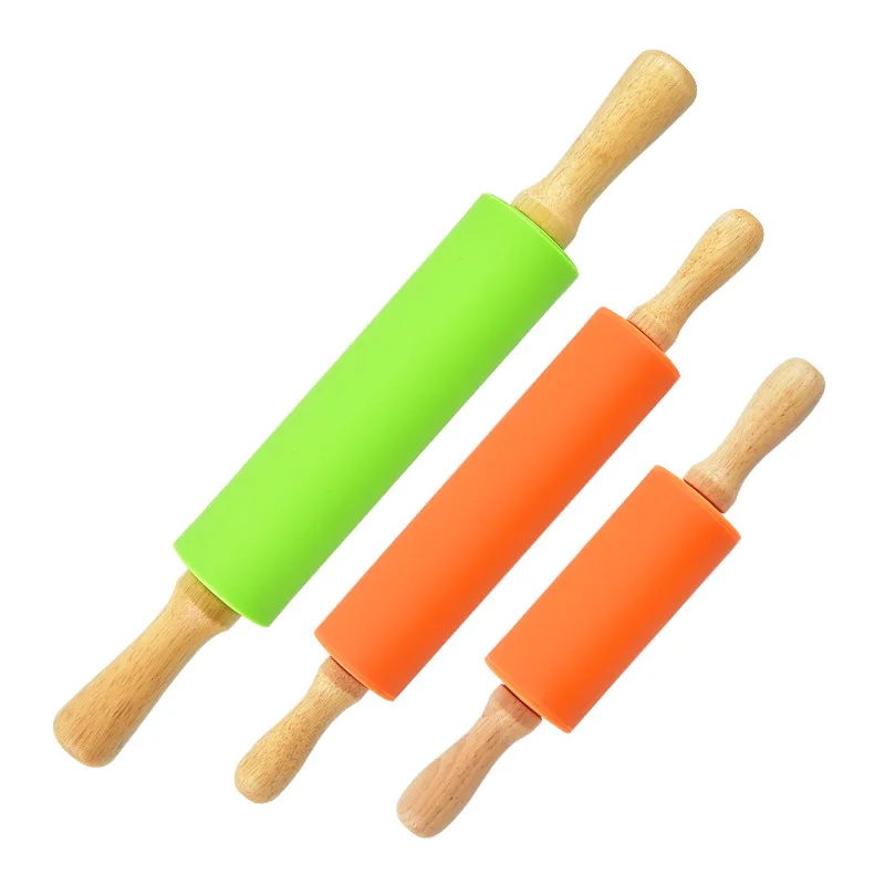 Non-Stick Silicone Rolling Pin Wooden Handle Pastry Dough Flour Roller DIY Kitchen Dumpling Roller Cake Noodles Bakeware Tools