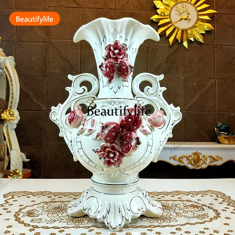 03 European large vase flower arrangement ceramic gilt pomegranate entrance living room ornament binaural vase luxury