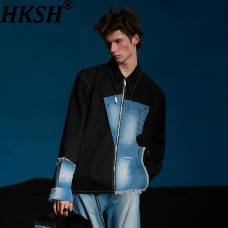 

HKSH 2025 Spring Autumn New Men's Denim Tide Punk Dark Chic Trend High Street Elegant Patchwork Casual Long Sleeve Shirt HK11066