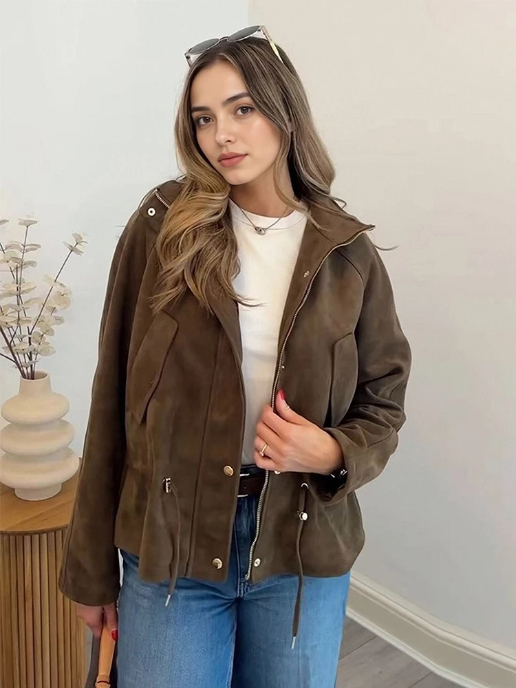 

Винтажные куртки с капюшоном для женщин, новинка 2023 года, осенне-зимняя мода, уличное пальто на молнии и шнурке, шикарная повседневная верхняя одежда с карманами