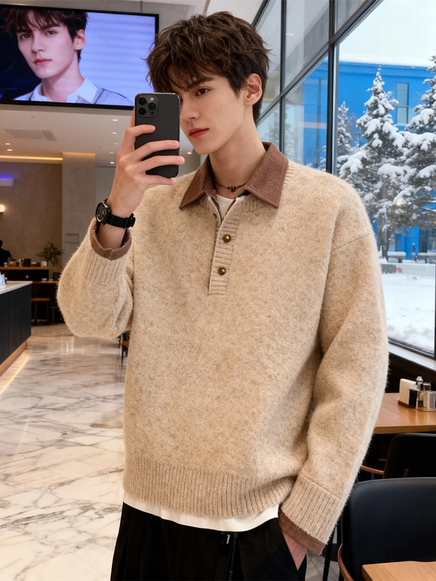 

Мужской утепленный трикотажный джемпер цвета хаки с эффектом двухслойности, в американском стиле, для повседневной носки, свободного кроя, с длинным рукавом, премиум-класса.