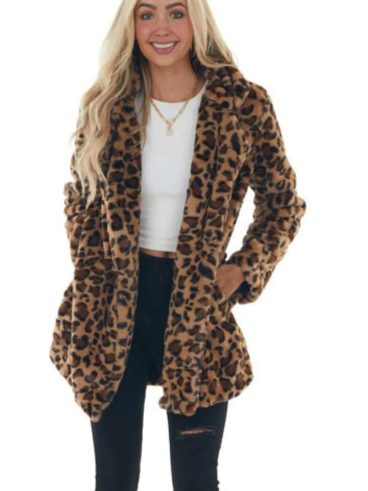 Fashion Lapel Long Sleeve Mid-length Rabbit Fur Coat For Women Autumn Winter Simple Casual Pocket Loose Leopard Coats Female