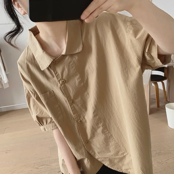 Camisas de manga curta das mulheres algodão shirring pittuck estilo fino minimalista simples urbano senhora do escritório elegante moderno profissional
