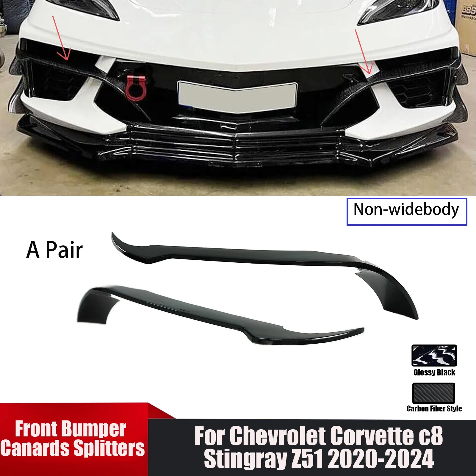 Car Front Bumper Canards Splitters For Chevrolet Corvette c8 Stingray Z51 2020 2021-2024 Spoiler Diffuser Glossy Black Body Kit