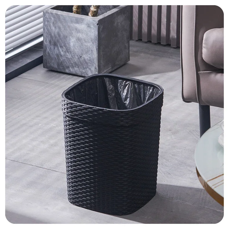 Black Square Plastic Trash Can Rattan Pattern Garbage Bin Garbage Storage Basket Without Cover Wastebasket Waste Bins Trash Bin