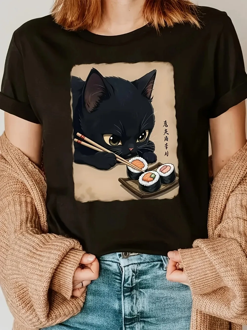 T-Shirt mit Katzen- und Sushi-Motiv, Damen, aus Polyester, lässiges T-Shirt mit kurzen Ärmeln, modisches Harajuku-Kawaii-T-Shirt, Y2K-Kleidung. – Detail 4