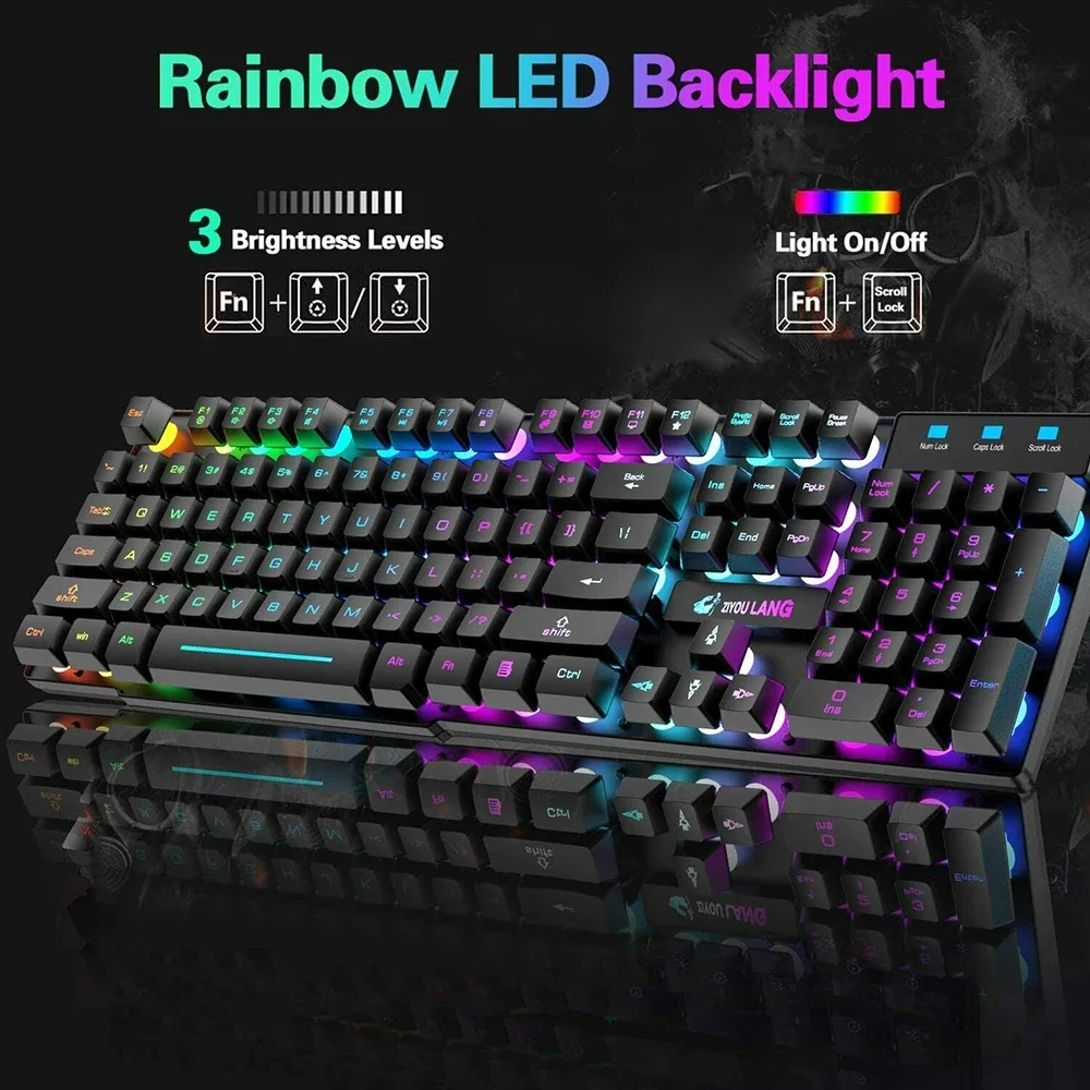 Keyboard Mekanis Gaming Feel Rainbow LED Backlight USB Keyboard dan Mouse Set Ergonomis untuk PC Laptop Komputer Gamer